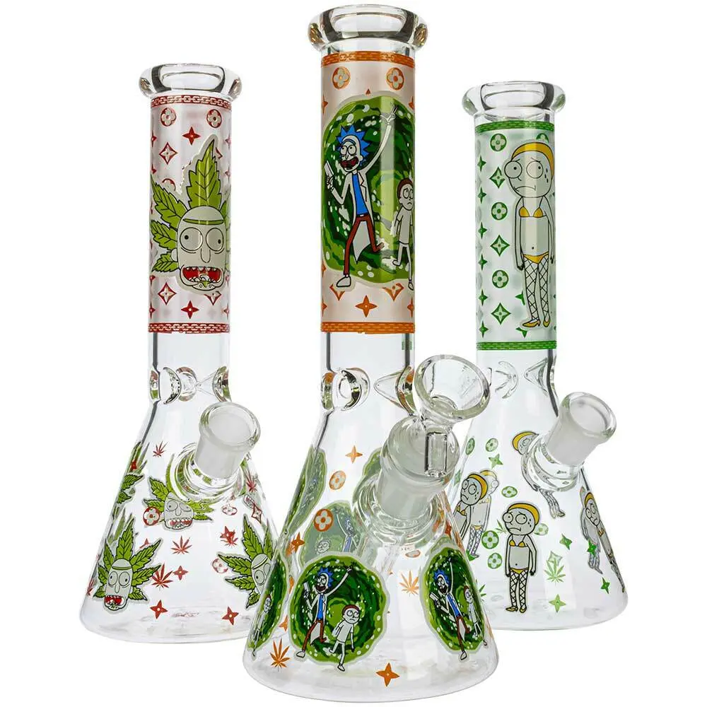 HILLSIDE GLASS 10″ GLOW RICK AND MORTY GRAPHIC BEAKER BONG, ASSORTED GRAPHICS